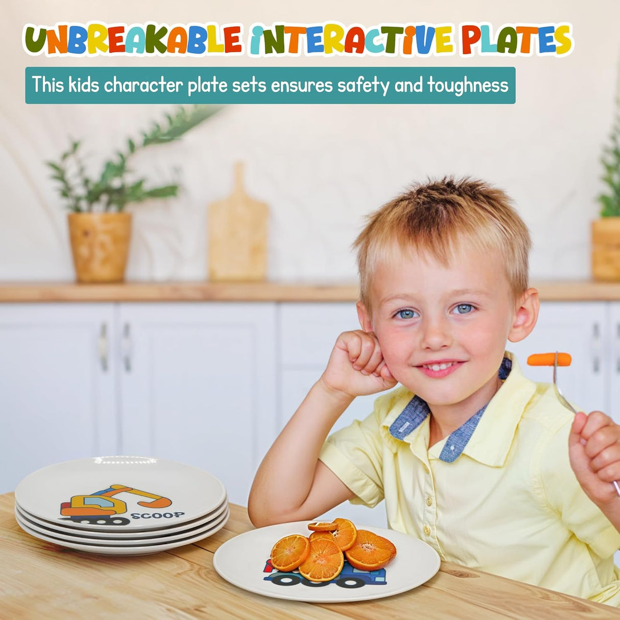 4E's Novelty 4 Melamine Kids Plate Set for Boys, Truck Theme Plate