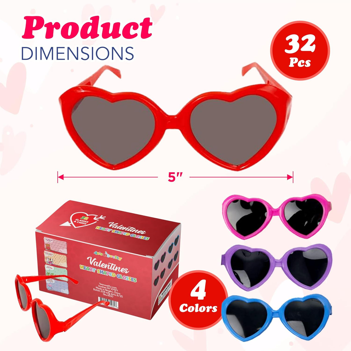 4E's Novelty 32 Pack Valentines Day Heart Glasses for Kids - Bulk With Cards