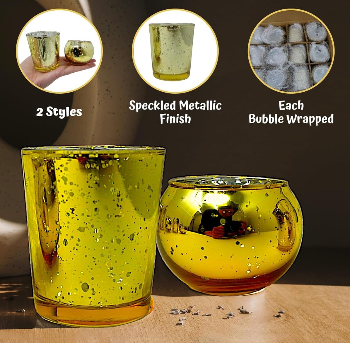 4E's Novelty 24-Piece Gold Mercury Glass Votive Candle Holders – Elegant Centerpieces for Weddings, Parties & Home Décor
