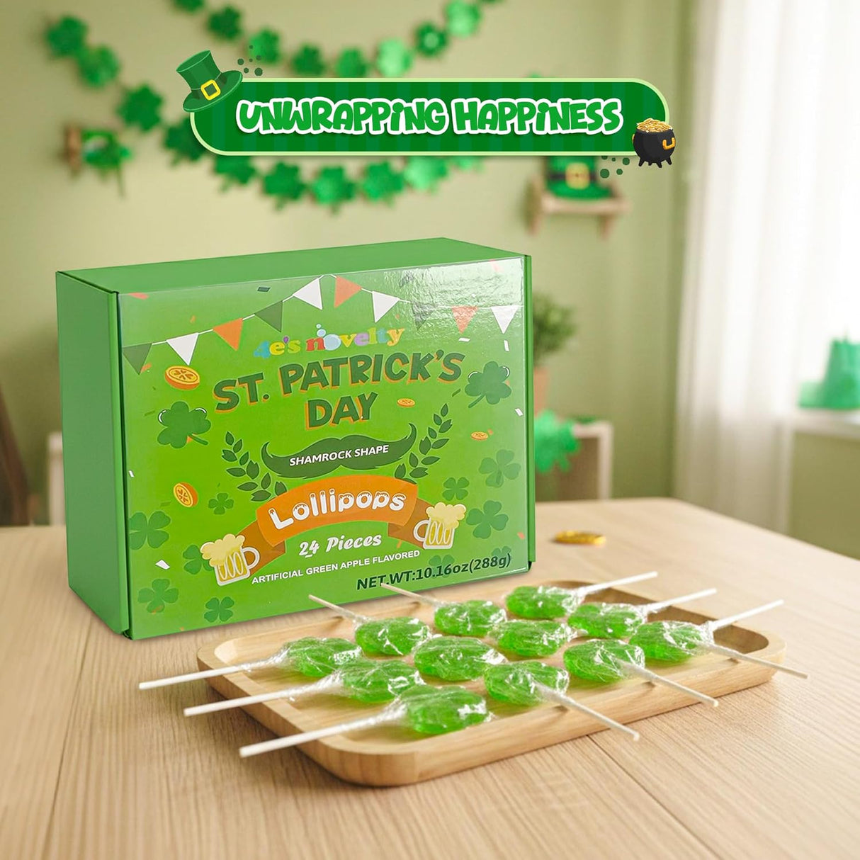 4E's Novelty 24 Pack Green Apple St. Patrick's Day Shamrock Lollipops
