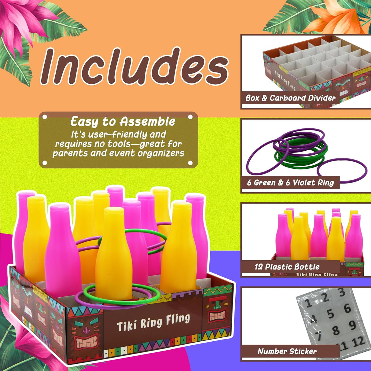 4E's Novelty Tiki Bottle Ring Toss Game Set 12 Colorful Bottles – Fun Luau Party Games for All Ages