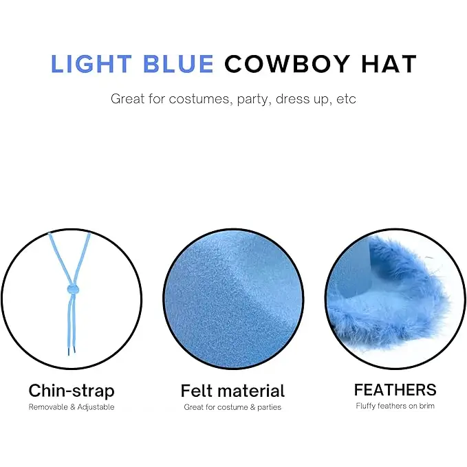 4E’s Light Blue Cowboy Hat with Feathers & Heart Glasses – Rodeo Costume Set - Costume Accessories