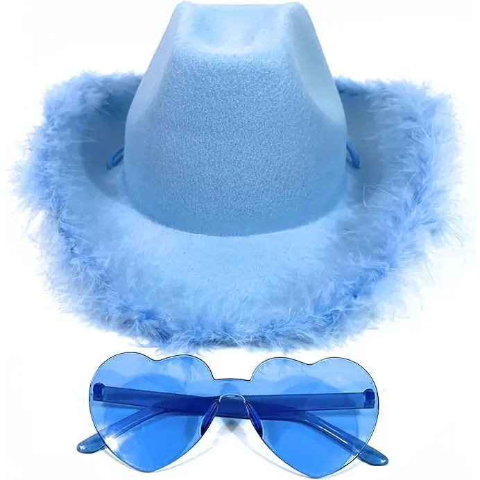 4E’s Light Blue Cowboy Hat with Feathers & Heart Glasses – Rodeo Costume Set - Costume Accessories
