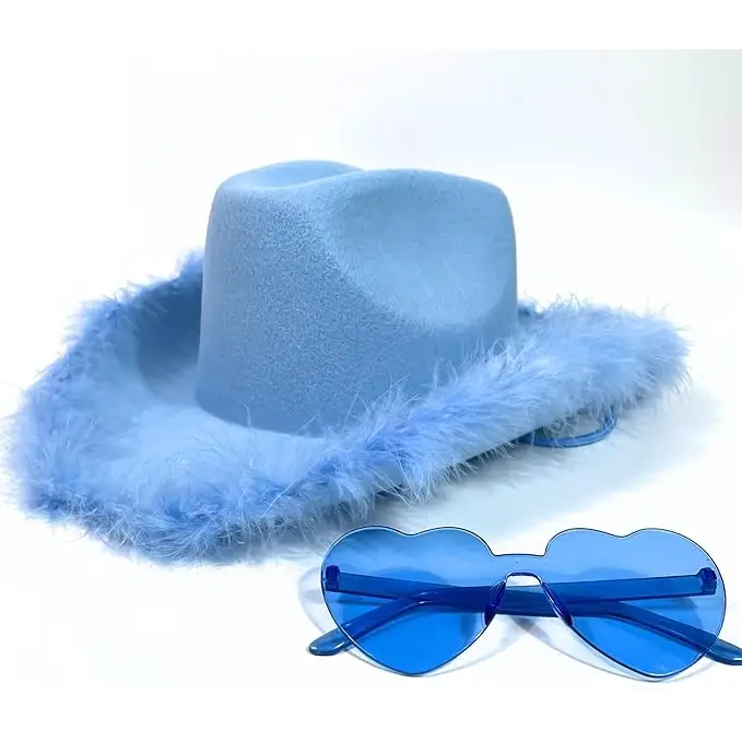 4E’s Light Blue Cowboy Hat with Feathers & Heart Glasses – Rodeo Costume Set - Costume Accessories