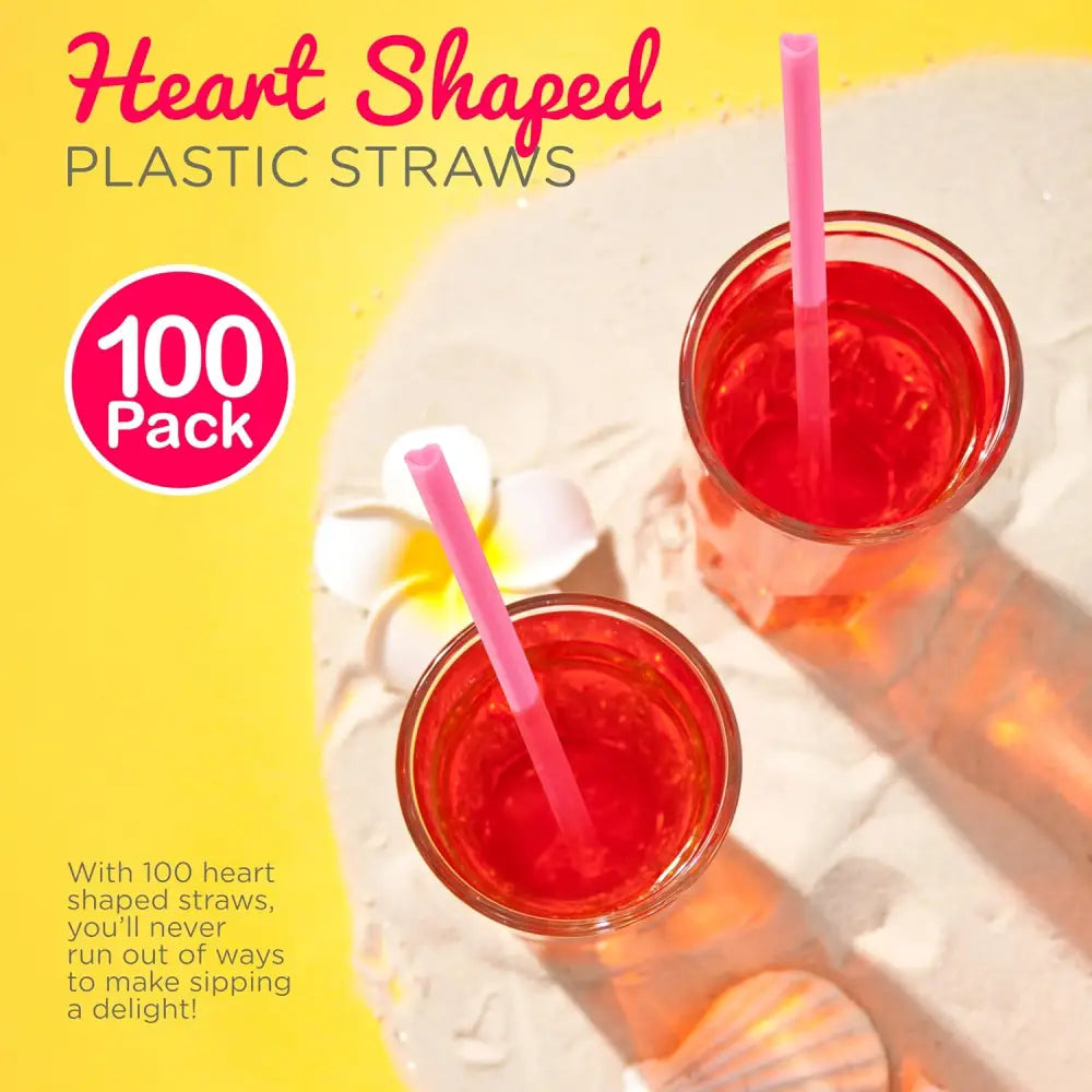 4E’s Novelty 100 Pink Heart Shaped Straws – Individually Wrapped Fun Straws for Valentine’s Day