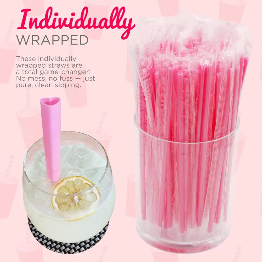 4E’s Novelty 100 Pink Heart Shaped Straws – Individually Wrapped Fun Straws for Valentine’s Day