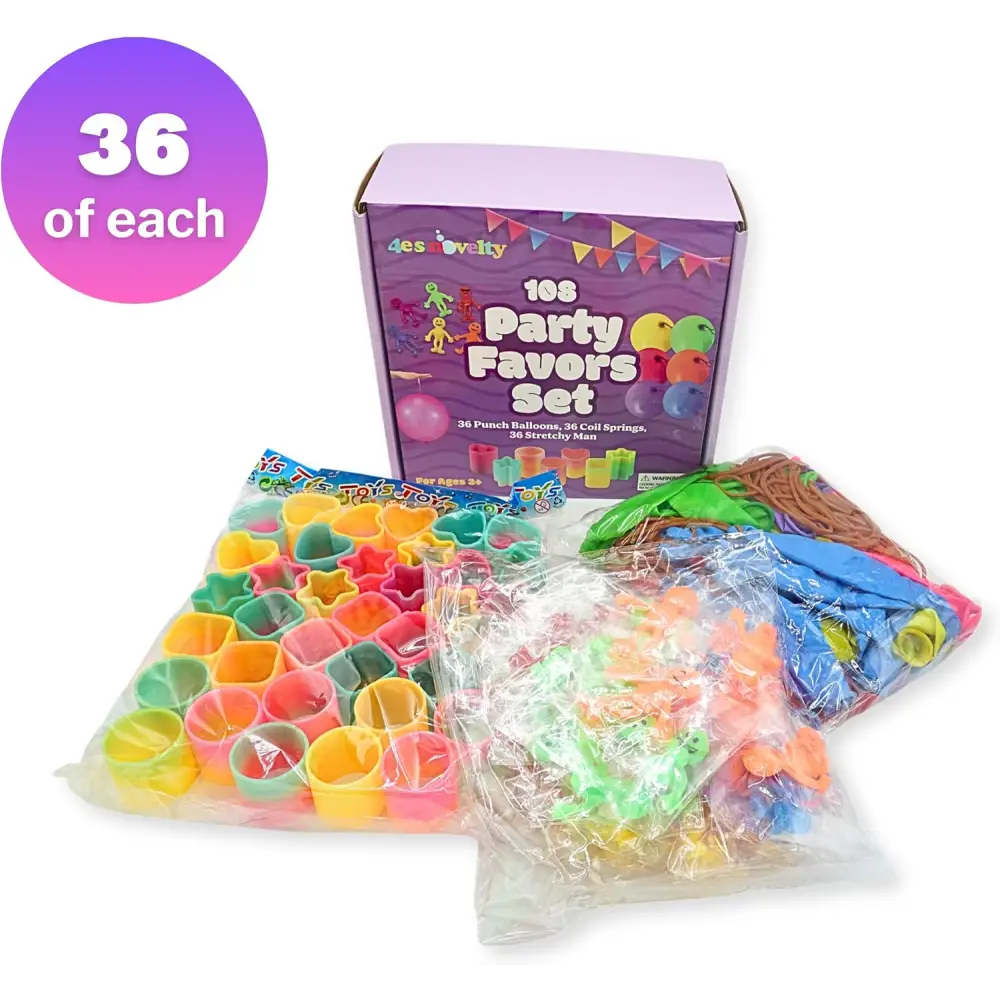4E’s Novelty 108 Pcs Party Favors for Kids 8-12 – Punch Balloons Coil Springs Stretchy Men Bulk Set