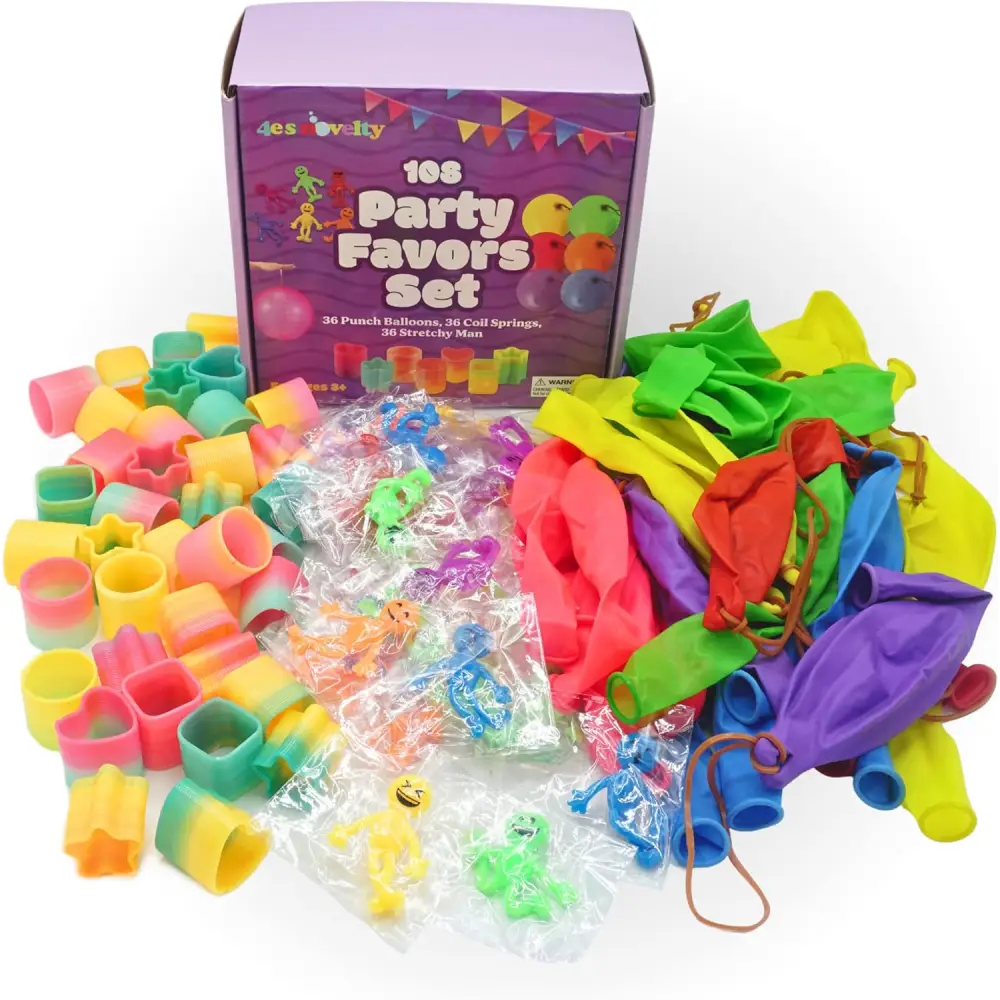 4E’s Novelty 108 Pcs Party Favors for Kids 8-12 – Punch Balloons Coil Springs Stretchy Men Bulk Set
