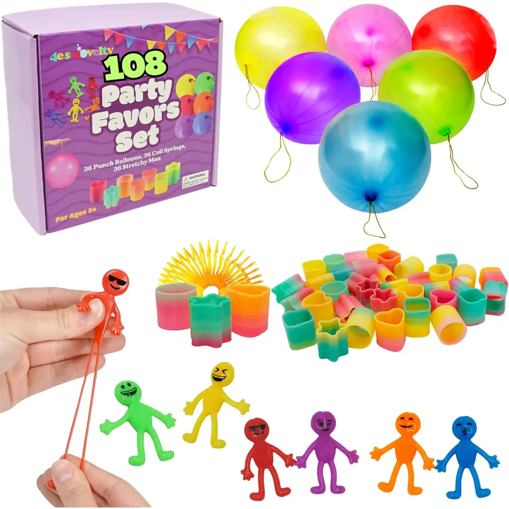 4E’s Novelty 108 Pcs Party Favors for Kids 8-12 – Punch Balloons Coil Springs Stretchy Men Bulk Set