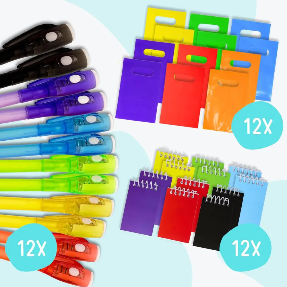 4E’s Novelty 12 Fun Pens for Kids – Magic UV Light Pens Notebooks & Goodie Bags for Spy Fun - Party Favors