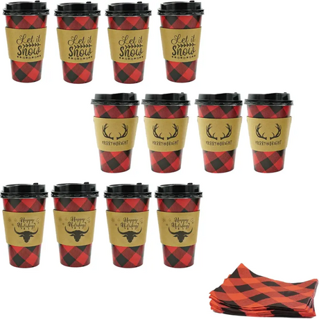 4E’s Novelty 12 Pack 16 oz Buffalo Plaid Hot Cups with Lids Napkins Sleeves – Christmas Disposable Coffee Cups