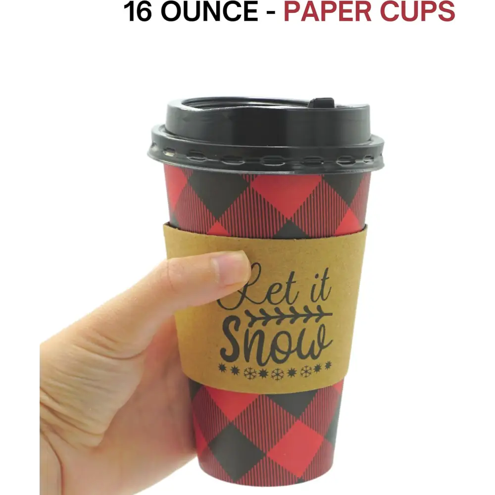 4E’s Novelty 12 Pack 16 oz Buffalo Plaid Hot Cups with Lids Napkins Sleeves – Christmas Disposable Coffee Cups