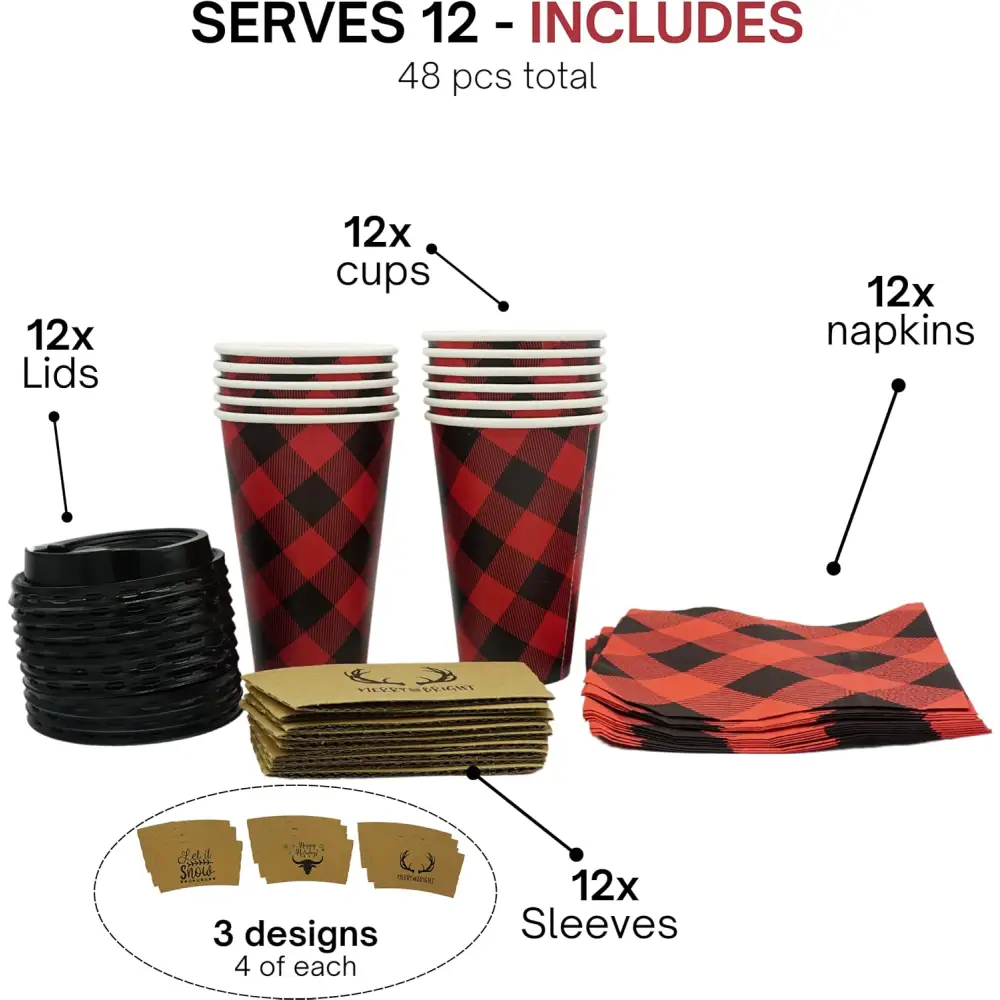4E’s Novelty 12 Pack 16 oz Buffalo Plaid Hot Cups with Lids Napkins Sleeves – Christmas Disposable Coffee Cups