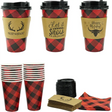 4E’s Novelty 12 Pack 16 oz Buffalo Plaid Hot Cups with Lids Napkins Sleeves – Christmas Disposable Coffee Cups