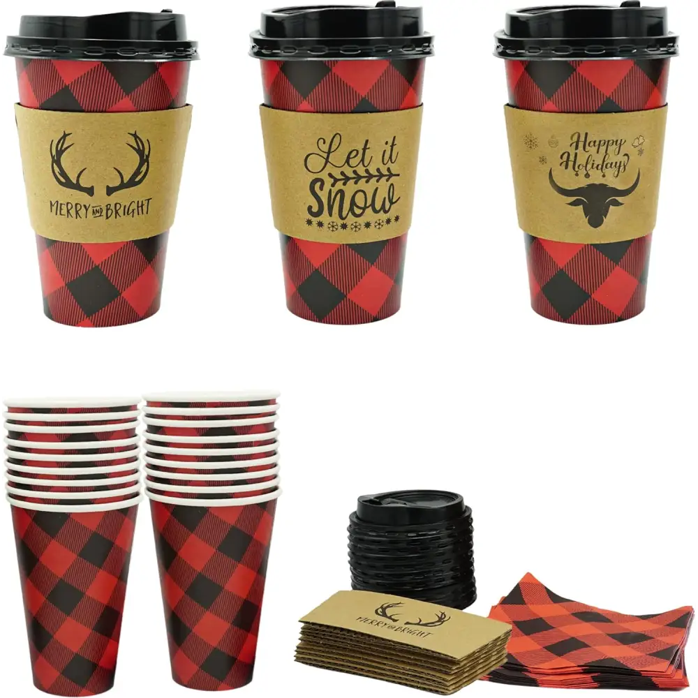 4E’s Novelty 12 Pack 16 oz Buffalo Plaid Hot Cups with Lids Napkins Sleeves – Christmas Disposable Coffee Cups
