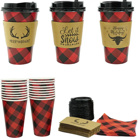 4E’s Novelty 12 Pack 16 oz Buffalo Plaid Hot Cups with Lids Napkins Sleeves – Christmas Disposable Coffee Cups