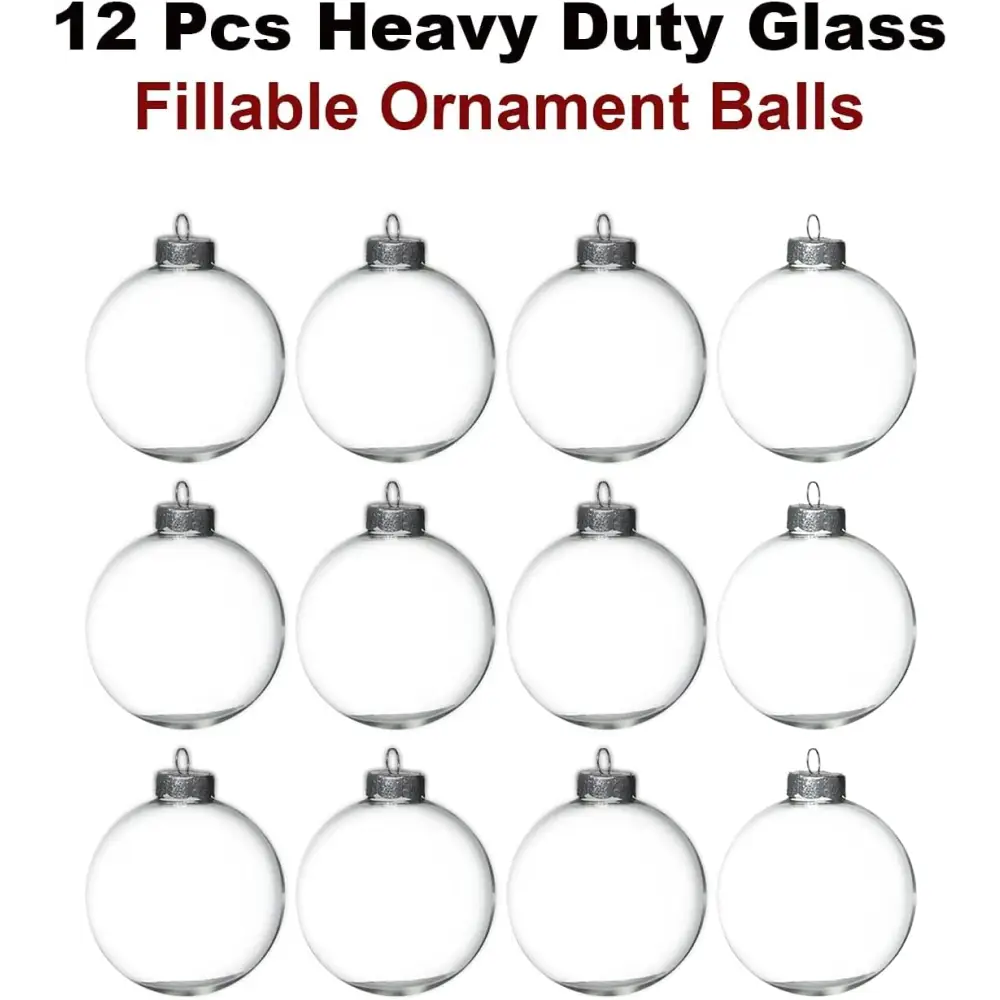 4E’s Novelty 12 Pack 3.15 Inch Glass Christmas Ornament Balls - Large 80mm Fillable Clear Ornaments for Crafts Silver