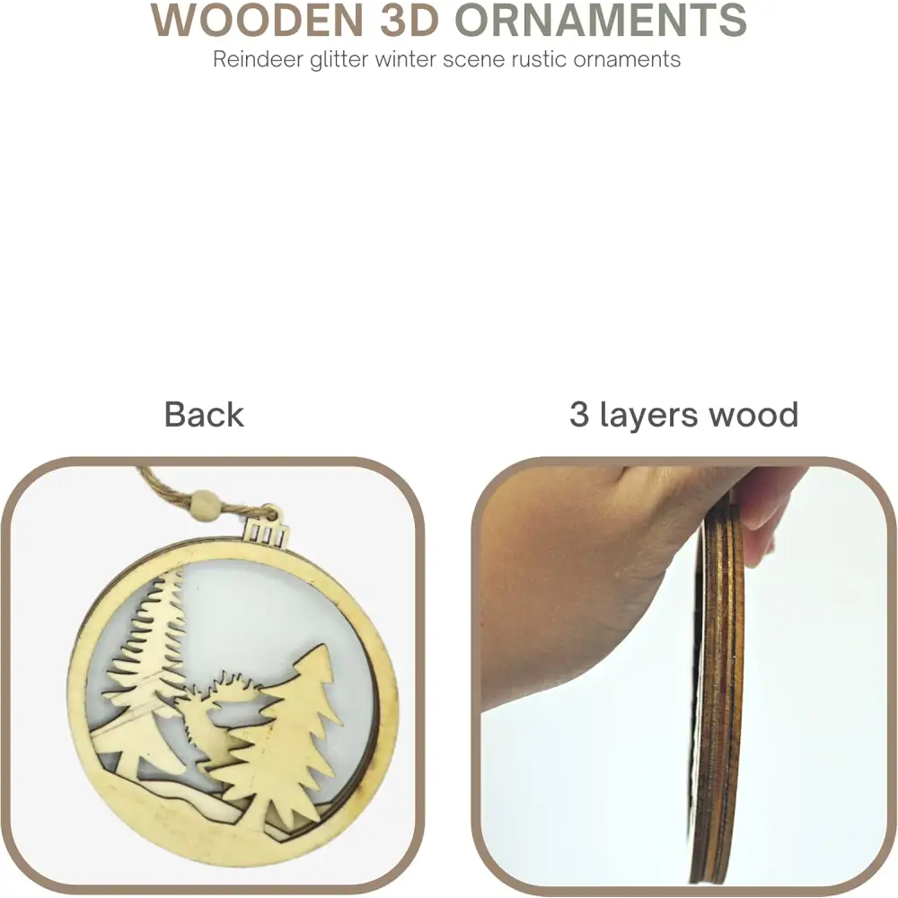 4E’s Novelty 12 Pack 3D Wood Reindeer Ornaments - Rustic Christmas Decorations for Tree or Home Perfect for Festive