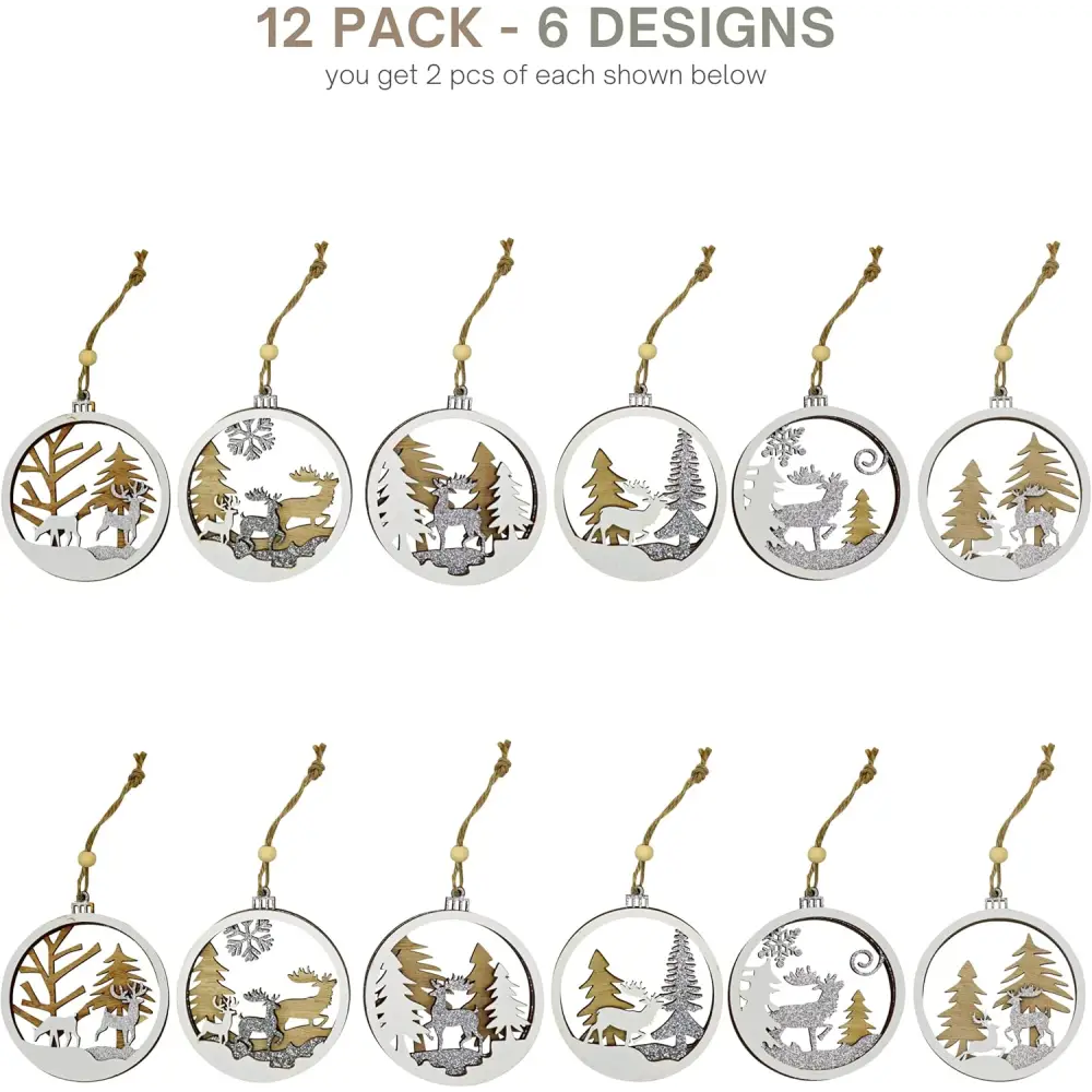 4E’s Novelty 12 Pack 3D Wood Reindeer Ornaments - Rustic Christmas Decorations for Tree or Home Perfect for Festive