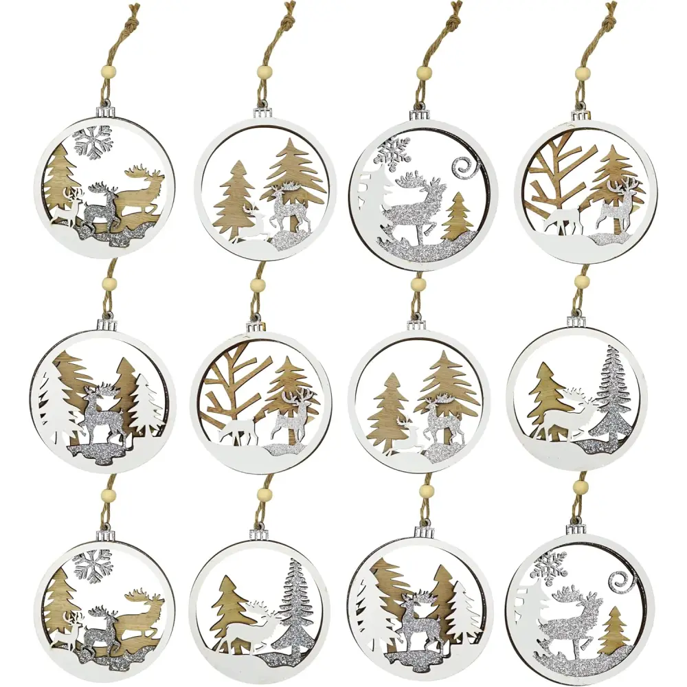 4E’s Novelty 12 Pack 3D Wood Reindeer Ornaments - Rustic Christmas Decorations for Tree or Home Perfect for Festive