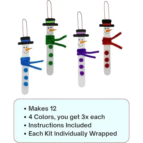 4E’s Novelty 12 Pack Christmas Snowman Stick Ornament Craft Kit - Fun DIY Snowman Ornament Kit Complete Snowman