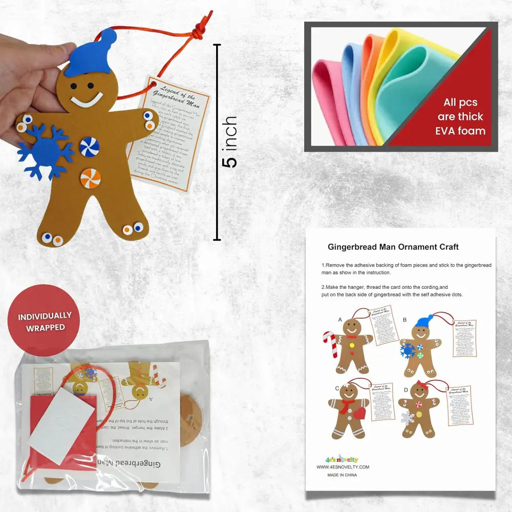 4E’s Novelty 12 Pack Legend of Gingerbread Man Ornament Craft - Foam Christmas Ornaments Set for Ages 4-12 DIY