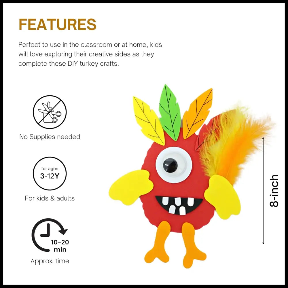4E’s Novelty 12-Pack Monster Turkey Crafts for Kids – Fun Thanksgiving Activity Kit for Ages 4-12