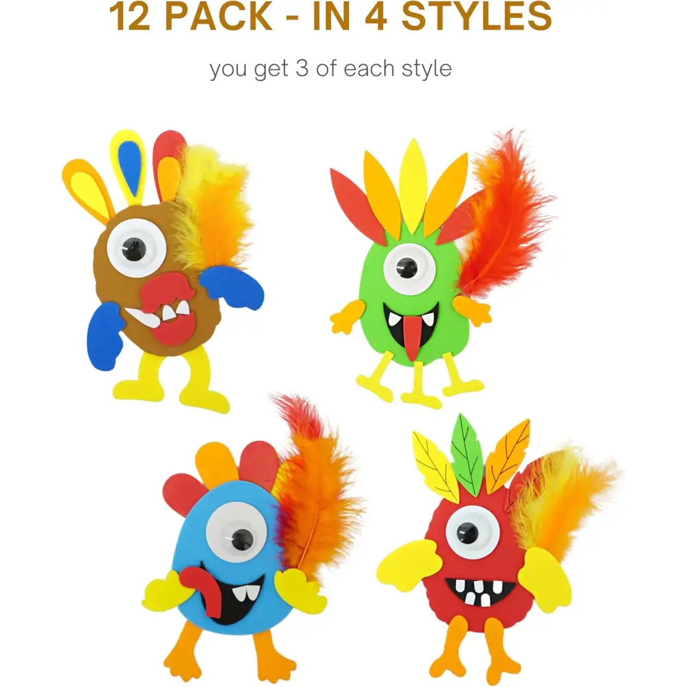 4E’s Novelty 12-Pack Monster Turkey Crafts for Kids – Fun Thanksgiving Activity Kit for Ages 4-12