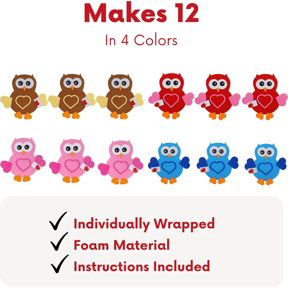 4Eโs Novelty 12-Pack Owl Magnet Valentine Crafts โ Fun DIY Foam Crafts for Kidsโ Classroom