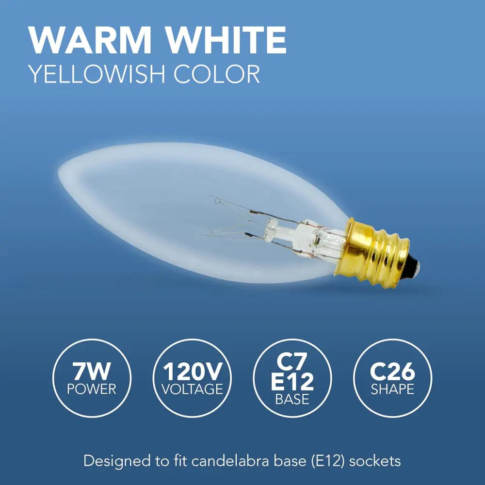4E’s Novelty 12 Pack Replacement Light Bulbs E12 120V 7W - Clear Torpedo Tip for C7 & Candelabra Light Bulbs