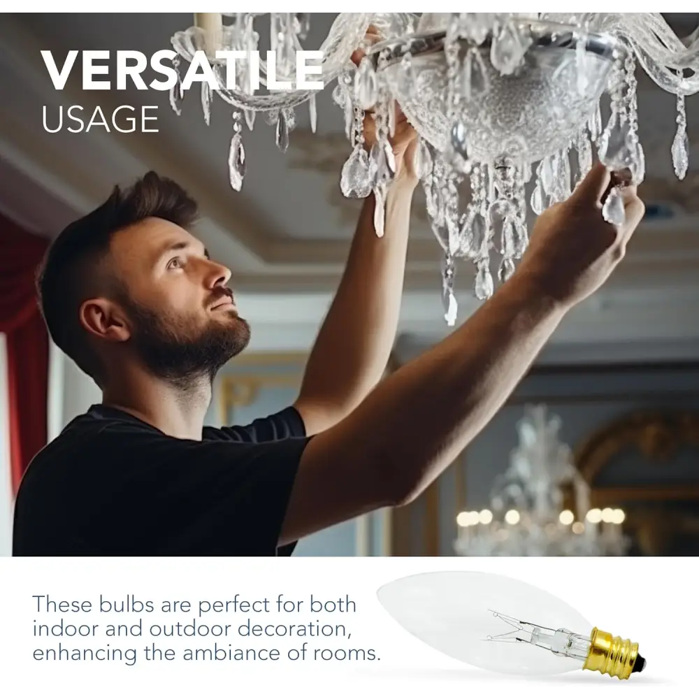 4E’s Novelty 12 Pack Replacement Light Bulbs E12 120V 7W - Clear Torpedo Tip for C7 & Candelabra Light Bulbs