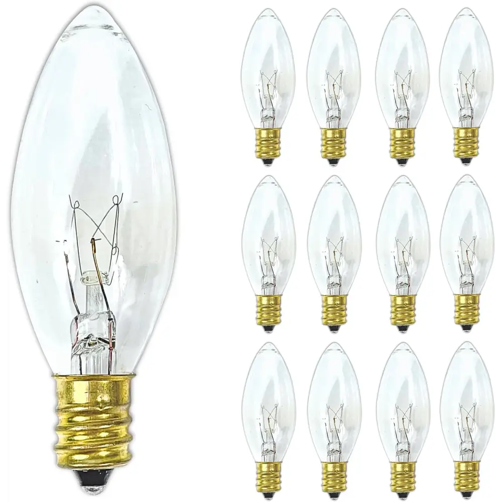 4E’s Novelty 12 Pack Replacement Light Bulbs E12 120V 7W - Clear Torpedo Tip for C7 & Candelabra Light Bulbs