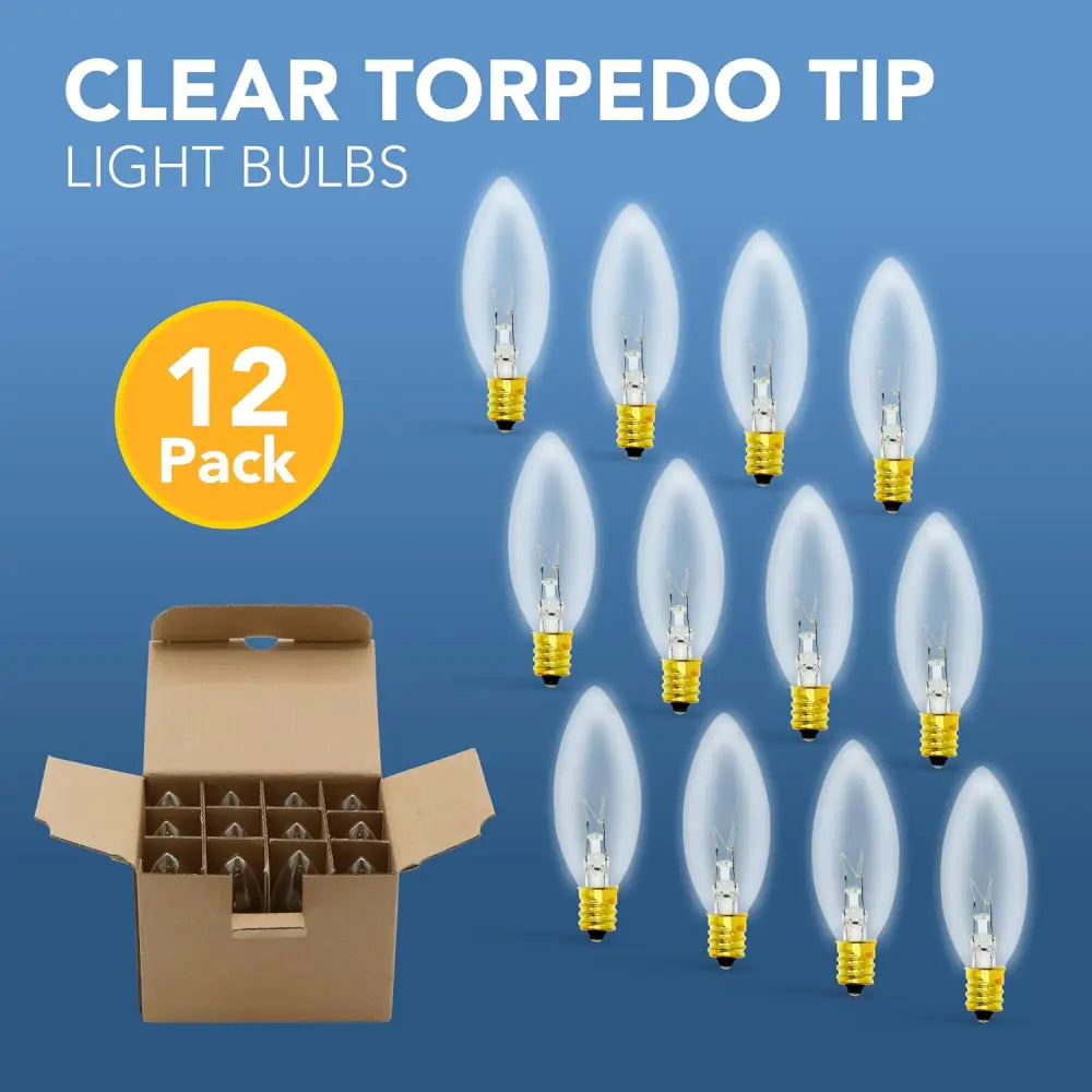 4E’s Novelty 12 Pack Replacement Light Bulbs E12 120V 7W - Clear Torpedo Tip for C7 & Candelabra Light Bulbs