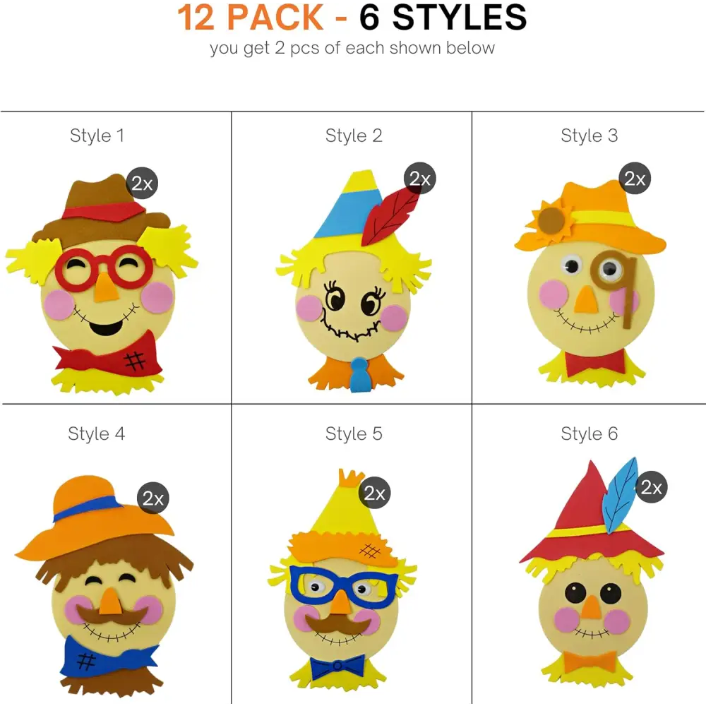 4Eโs Novelty 12 Pack Scarecrow Crafts for Kids - Fun Fall Crafts for Kids Bulk with Self Adhesive Scarecrow Face