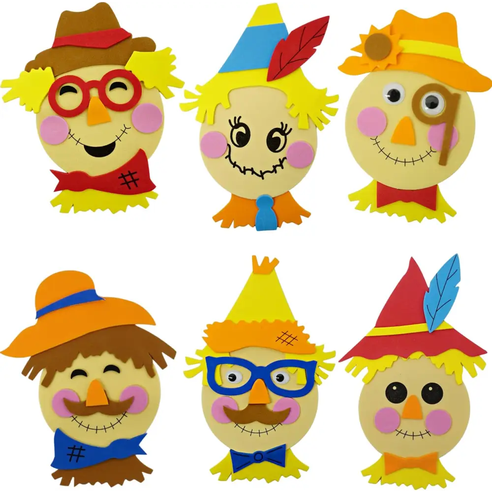 4Eโs Novelty 12 Pack Scarecrow Crafts for Kids - Fun Fall Crafts for Kids Bulk with Self Adhesive Scarecrow Face