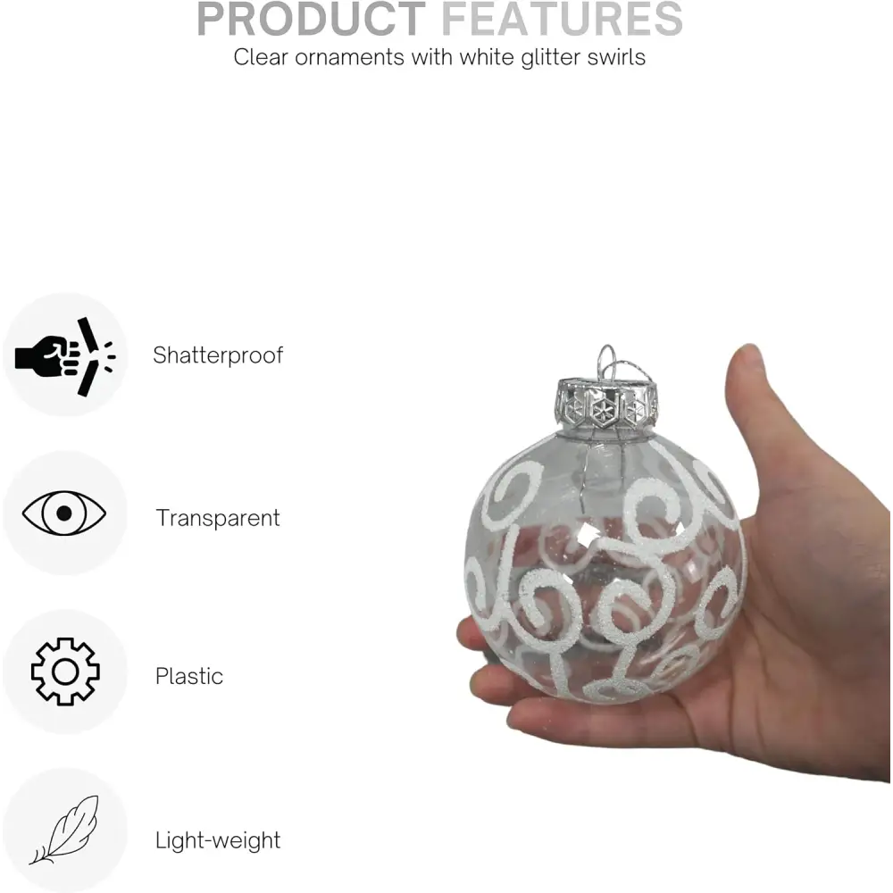 4E’s Novelty 12 Pack Shatterproof White Christmas Ball Ornaments - White Swirl Christmas Balls 3.15’’/80mm Large