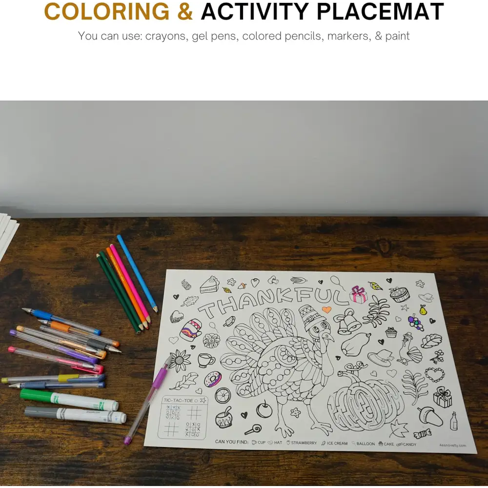 4E’s Novelty 12 Pack Thanksgiving Placemat Activity for Kids & Adults - Perfect Disposable Paper Placemats 11x17 Fall