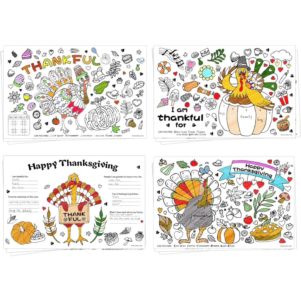 4E’s Novelty 12 Pack Thanksgiving Placemat Activity for Kids & Adults - Perfect Disposable Paper Placemats 11x17 Fall