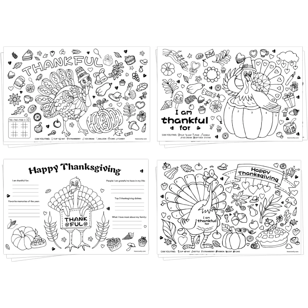 4E’s Novelty 12 Pack Thanksgiving Placemat Activity for Kids & Adults - Perfect Disposable Paper Placemats 11x17 Fall