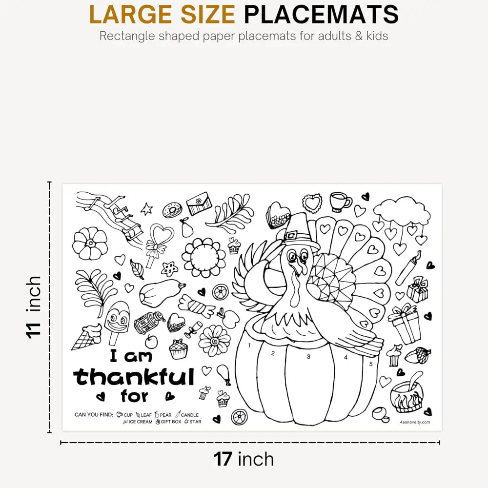 4E’s Novelty 12 Pack Thanksgiving Placemat Activity for Kids & Adults - Perfect Disposable Paper Placemats 11x17 Fall