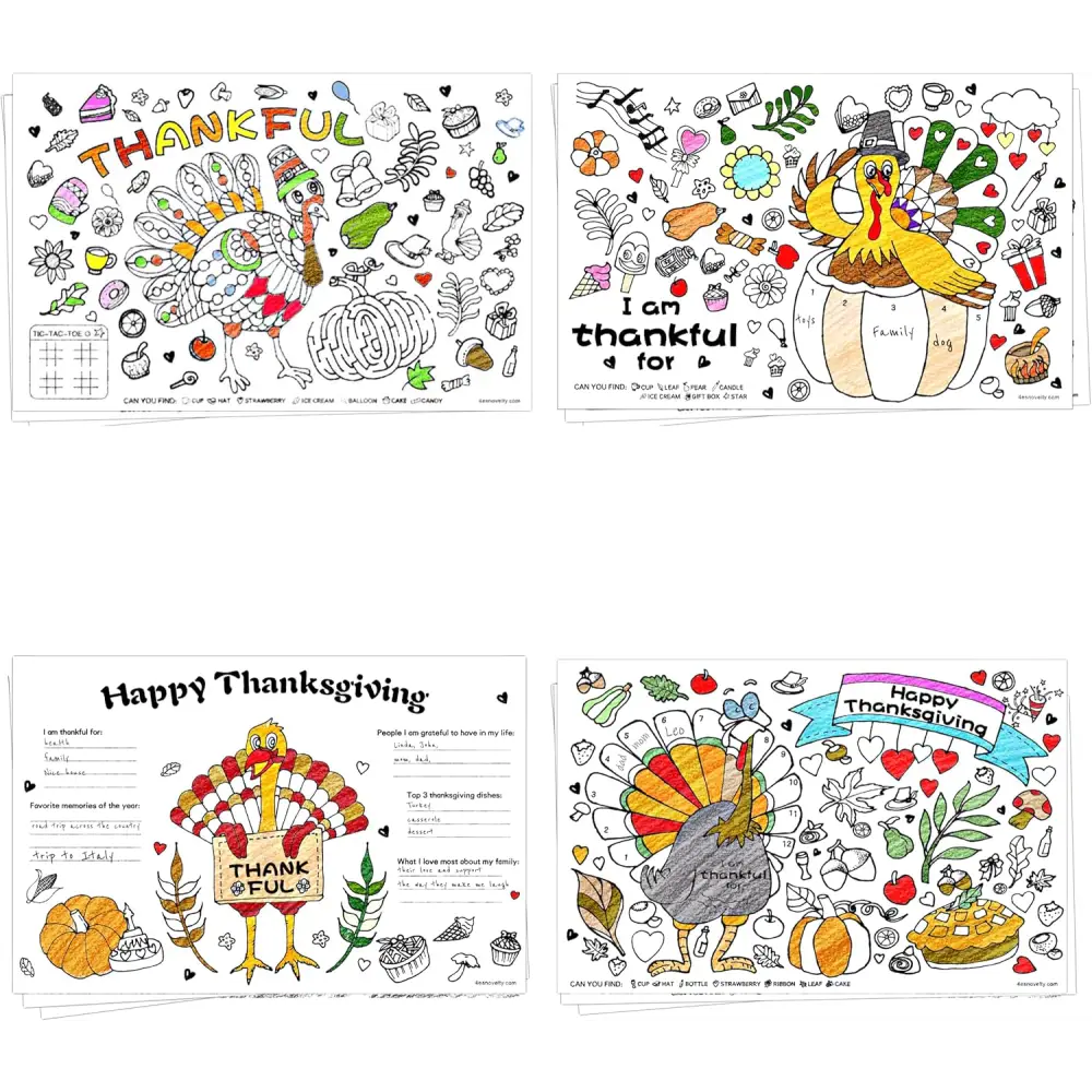4E’s Novelty 12 Pack Thanksgiving Placemat Activity for Kids & Adults - Perfect Disposable Paper Placemats 11x17 Fall