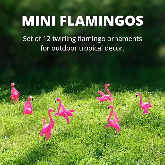 12 pink flamingo yard ornaments with twirling wings and metal stakes for outdoor lawn decor, garden statues