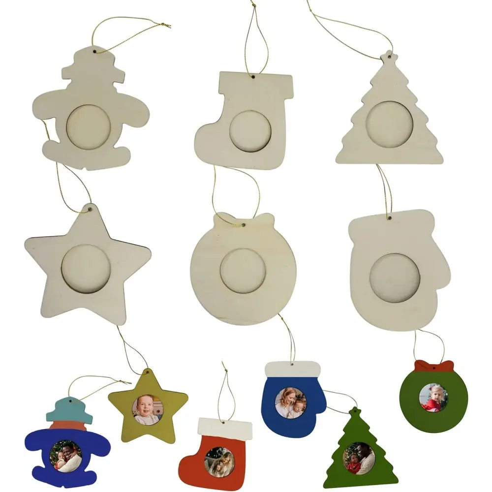 4E’s Novelty 12 Pack Unfinished DIY Wooden Picture Frame Christmas Ornaments Crafts for Kids & Adults DIY Ornaments