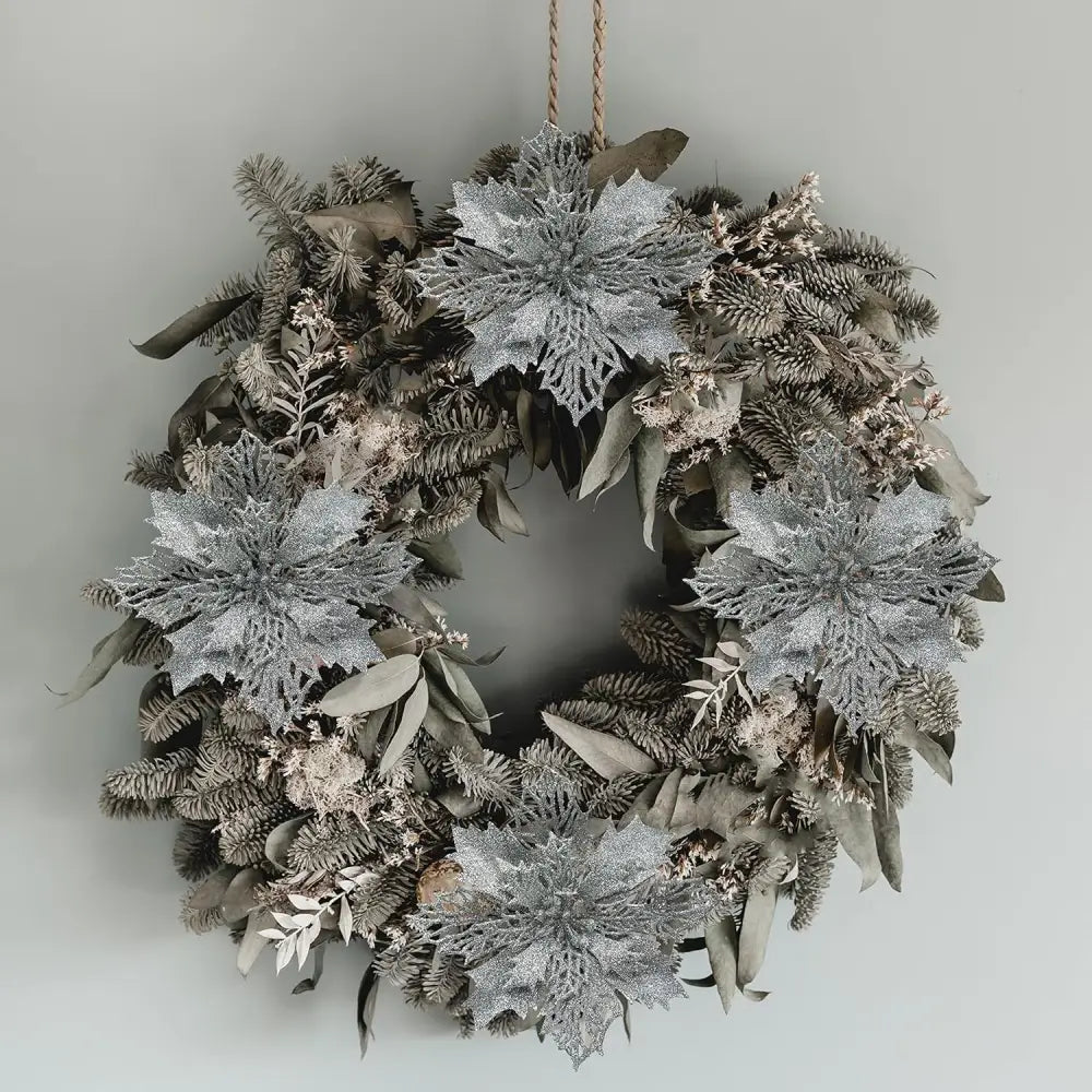 4E’s Novelty 12 Pcs Silver Poinsettia Christmas Decorations – 6’’ Sparkly Artificial Flowers for Tree Wreaths & Garlands