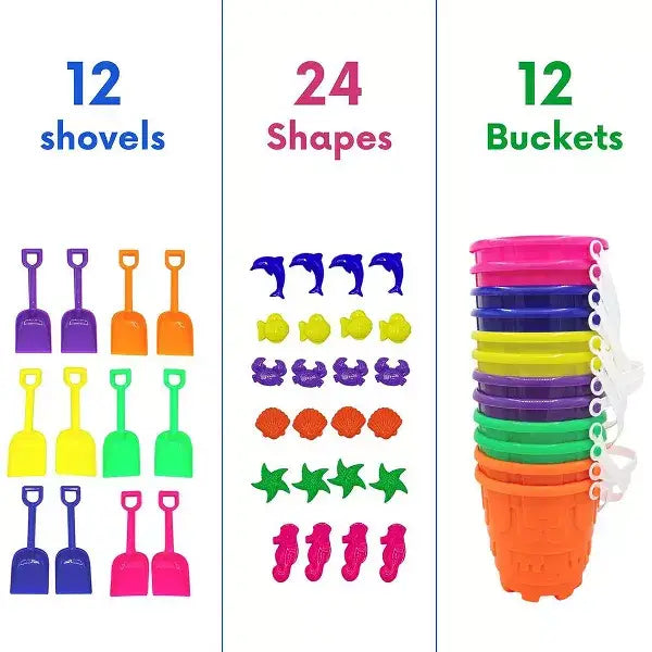 4EsNovelty 48-Piece Beach Toys Set- 12 Buckets, 12 Shovels, and 24 Intricate Sand Molds