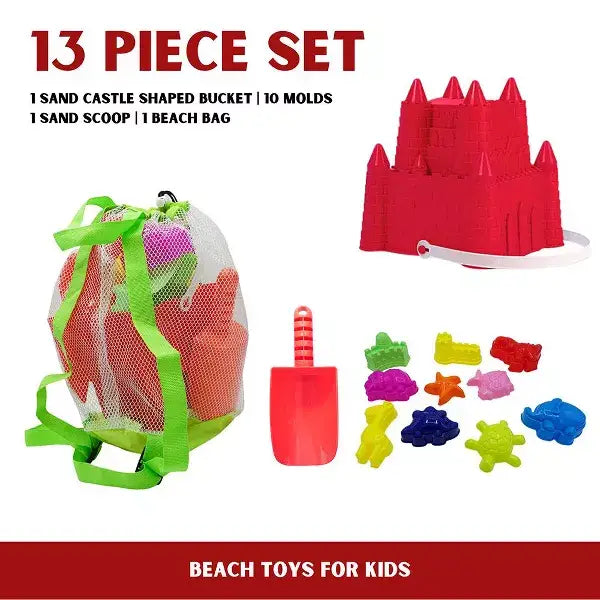 4E's Novelty 13 Beach Sand Toys for Kids โ Sand Castle Bucket with Shovel & Large Molds, Includes Mesh Beach Bag for Toddlers, Perfect for Kids 3-10