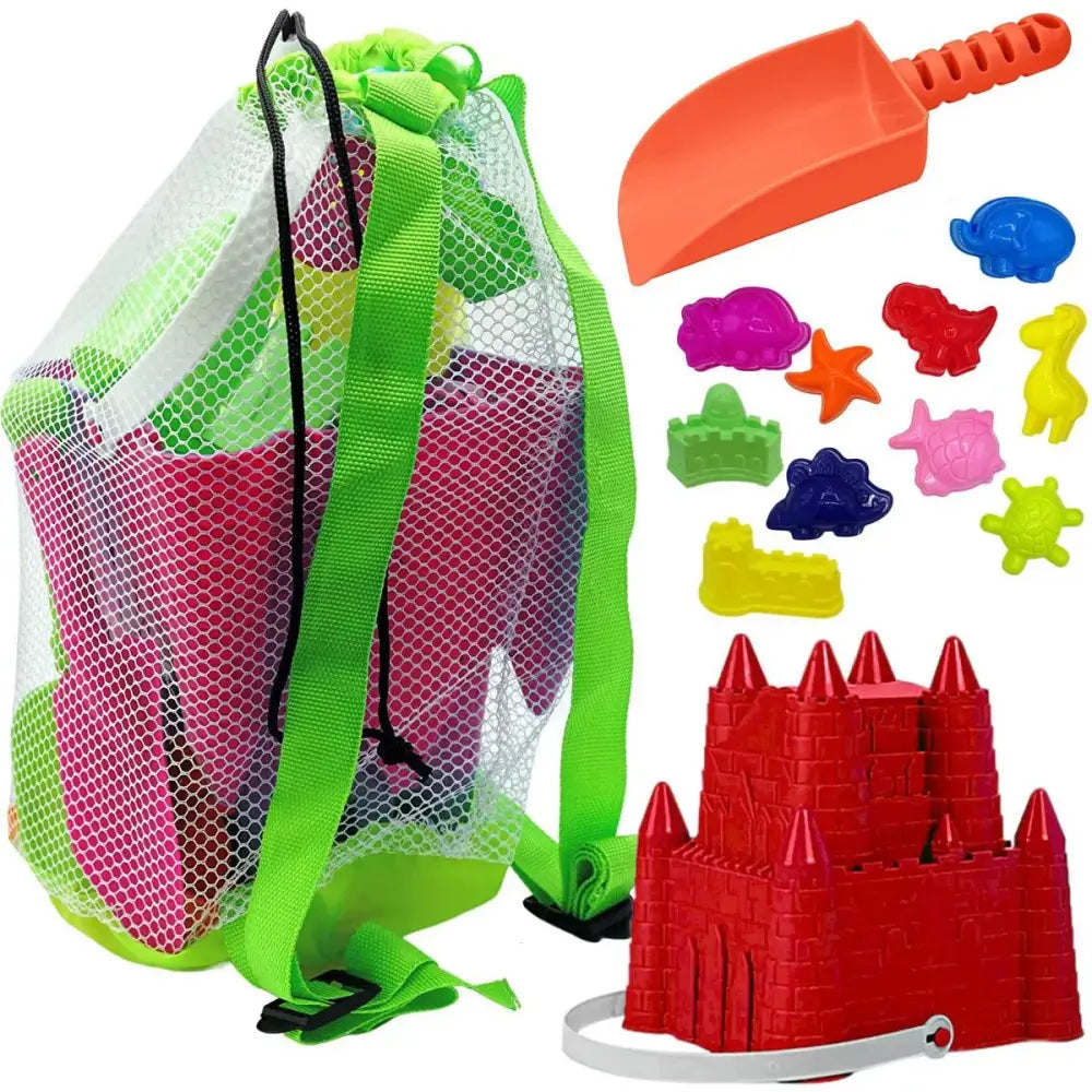 4E's Novelty 13 Beach Sand Toys for Kids โ Sand Castle Bucket with Shovel & Large Molds, Includes Mesh Beach Bag for Toddlers, Perfect for Kids 3-10
