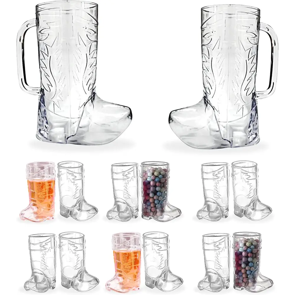 4E’s Novelty 14 PCS Cowboy Boot Cups – 12 Mini Boots & 2 17oz Mugs for Party Supplies