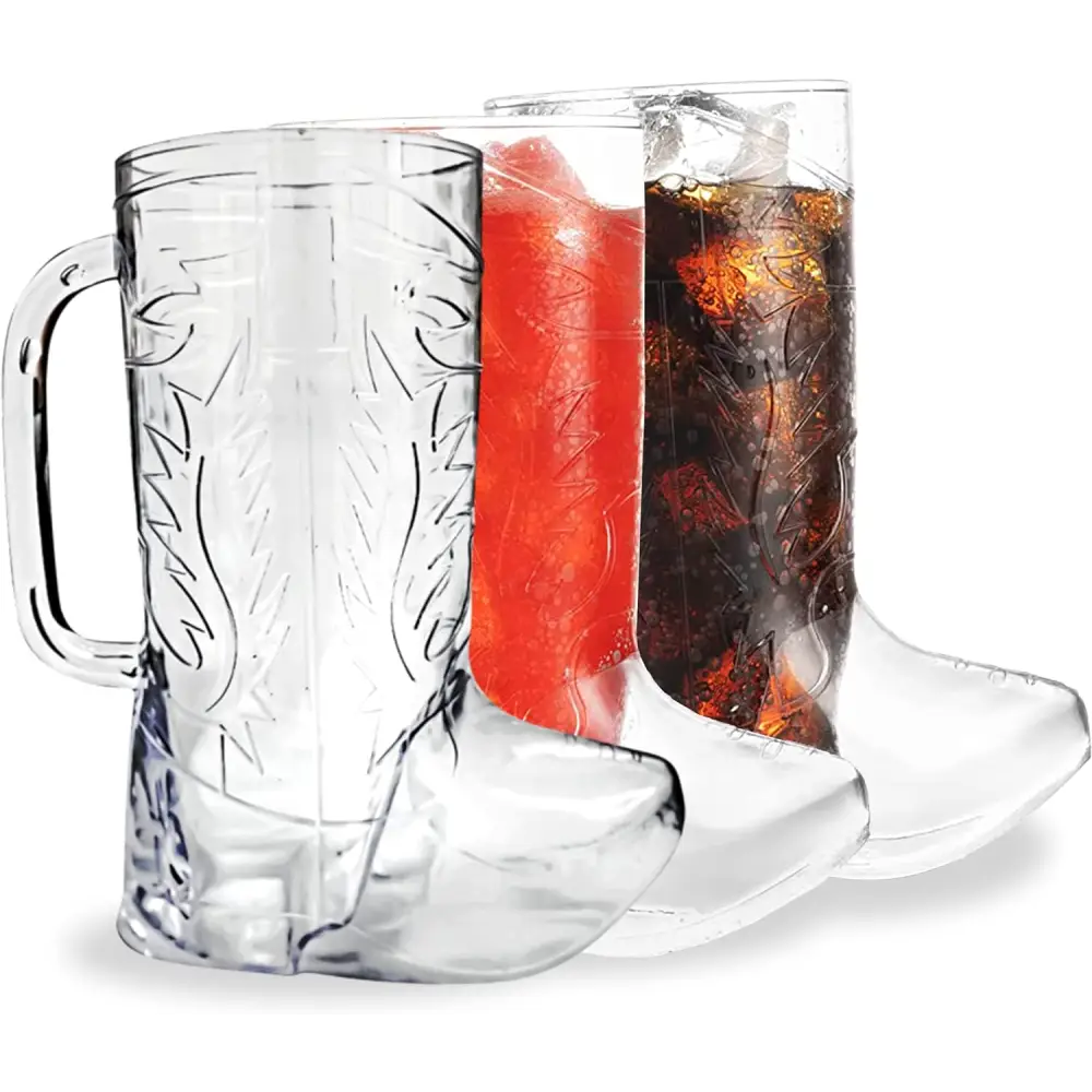 4E's Novelty 14 PCS Set Cowboy Boot Shot Glasses & Cups (12 Mini Shot Glasses & 2 Big Mug 17oz) Reusable Plastic, BPA Free - for Cowboy Cowgirl Party Decorations Bachelorette Party Supplies