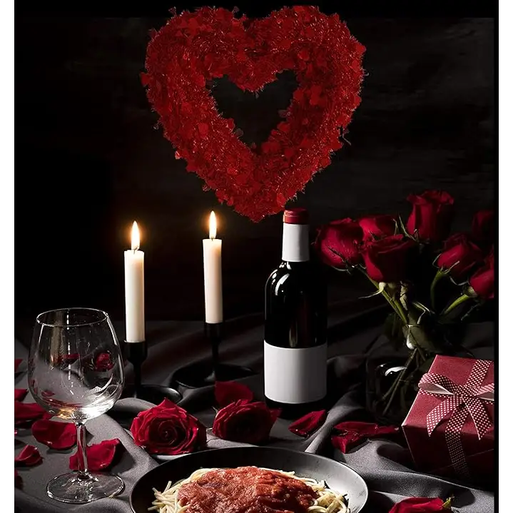 4E’s Novelty 14” Valentines Tinsel Wreath – Red Heart Design for Front Door & Romantic Decor